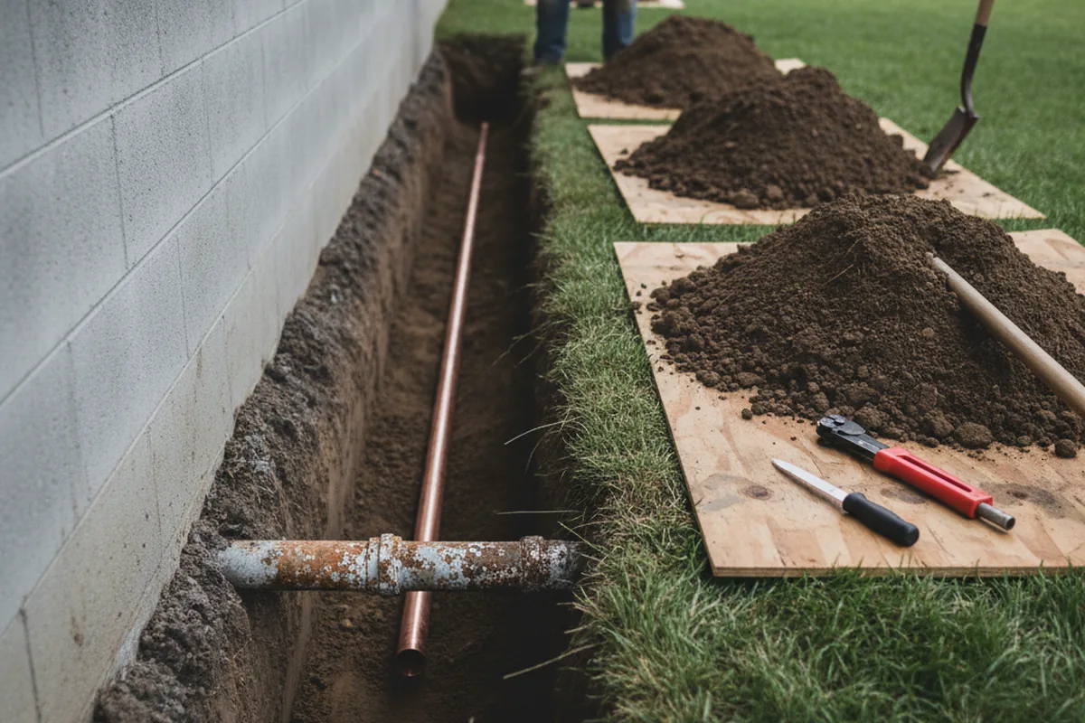 Excavated water line trench during Sewer Line Repair in Plymouth